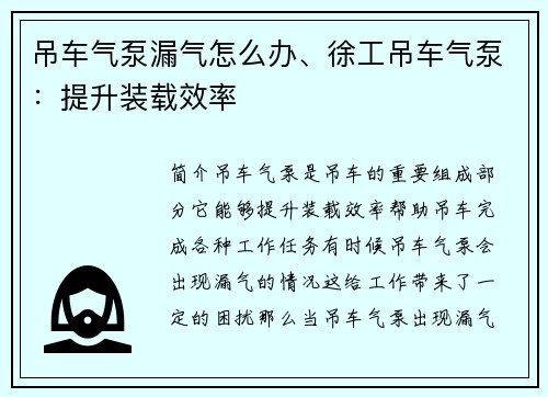 吊车气泵漏气怎么办、徐工吊车气泵：提升装载效率