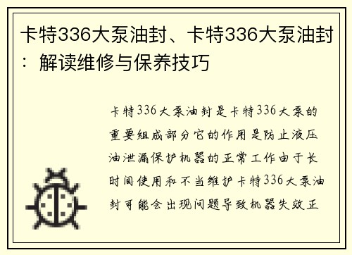 卡特336大泵油封、卡特336大泵油封：解读维修与保养技巧